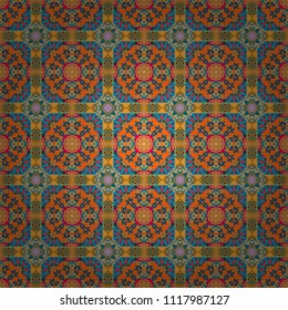 Square scraps in oriental style. Vector illustration. Ideal for printing on fabric or paper. Abstract seamless pattern in yellow, blue and orange colors.
