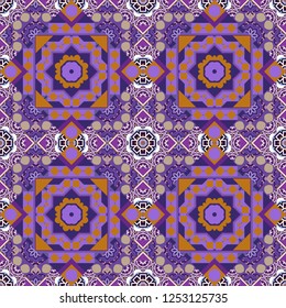 Square scraps in oriental style. Vector illustration. Abstract seamless pattern in magenta, violet and brown colors. Ideal for printing on fabric or paper.