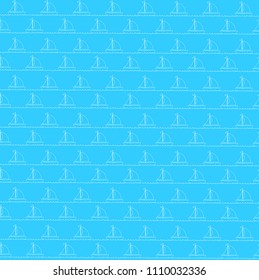 Square sea pattern with white sailing ships on blue background. Nautical baby wallpaper pattern with contour boats on ocean waves. Vector illustration, yacht print for wrapping paper or fabric.  
