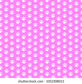 Square seamless baby pattern of white animal paw prints on pink background. Vector illustration, template, poster, banner, cats or dogs paw walking track print for fabric, wrapping paper, wallpaper.