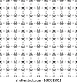 Square seamless background pattern from black skulls are different sizes and opacity. The pattern is evenly filled. Vector illustration on white background