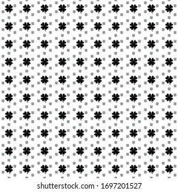 Square seamless background pattern from black four-leaf clover symbols are different sizes and opacity. The pattern is evenly filled. Vector illustration on white background