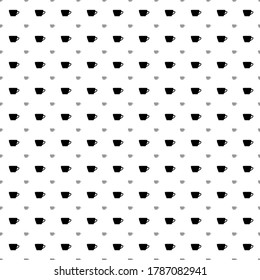 Square seamless background pattern from black coffee cup symbols are different sizes and opacity. The pattern is evenly filled. Vector illustration on white background