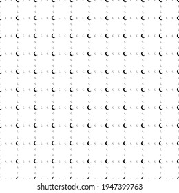 Square seamless background pattern from black moon symbols are different sizes and opacity. The pattern is evenly filled. Vector illustration on white background