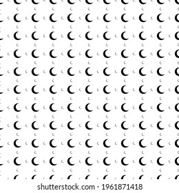 Square seamless background pattern from black moon symbols are different sizes and opacity. The pattern is evenly filled. Vector illustration on white background