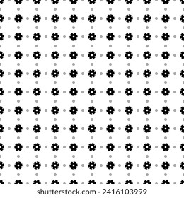 Square seamless background pattern from black milling disc symbols are different sizes and opacity. The pattern is evenly filled. Vector illustration on white background