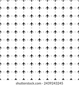 Square seamless background pattern from black airplane symbols are different sizes and opacity. The pattern is evenly filled. Vector illustration on white background