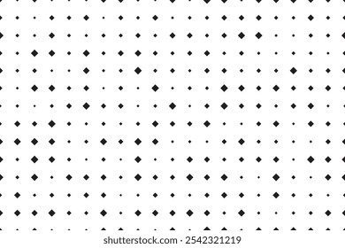 Square seamless background pattern. Black box symbols are different sizes and opacity. Black and white geometric shapes on a white background. The pattern is evenly filled. EPS Vector