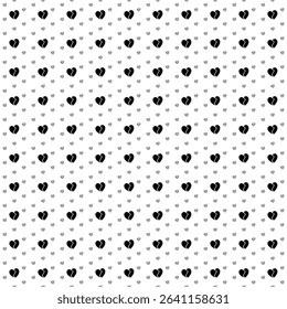 Square seamless background pattern from black two halves of a heart symbols are different sizes and opacity. The pattern is evenly filled. Vector illustration on white background