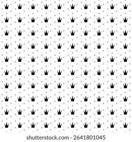 Square seamless background pattern from black crown symbols are different sizes and opacity. The pattern is evenly filled. Vector illustration on white background
