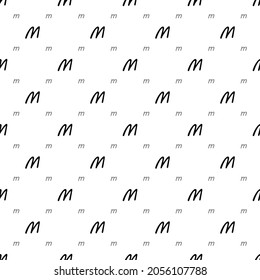 Square seamless background pattern from Font M shapes are different sizes and opacity. The pattern is evenly filled with small font m. Vector illustration on white background