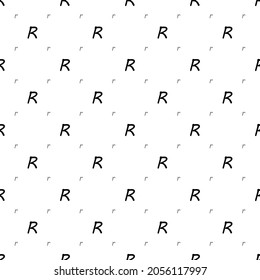 Square seamless background pattern from Font R shapes are different sizes and opacity. The pattern is evenly filled with small font r. Vector illustration on white background