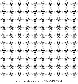Square seamless background pattern from geometric shapes are different sizes and opacity. The pattern is evenly filled with black biohazard symbols. Vector illustration on white background