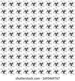 Square seamless background pattern from geometric shapes are different sizes and opacity. The pattern is evenly filled with huge  black biohazard symbols. Vector illustration on white background