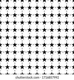 Square seamless background pattern from geometric shapes are different sizes and opacity. The pattern is evenly filled with black star symbols. Vector illustration on white background