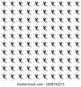 Square seamless background pattern from geometric shapes of different sizes and opacity. The pattern is evenly filled with black scorpio symbols. Vector illustration on white background