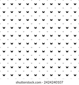 Square seamless background pattern from geometric shapes are different sizes and opacity. The pattern is evenly filled with black butterfly symbols. Vector illustration on white background