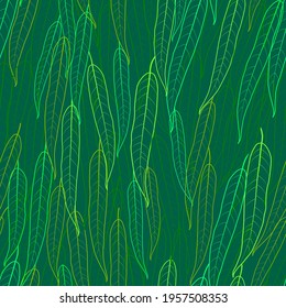 Square seamless background in shades of green. Pattern with green contours of white willow leaves on an emerald background. Vector design for decoration of fabrics, backgrounds, napkins, wallpapers.