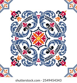 Square seamless Baroque traditional pixel Geometric ethnic pattern. Indian, Ukrainian, Romanian, Slavic ornament style. Vector for tile, textile, mosaic, ceramic, patchwork, cross-stitch, embroidery