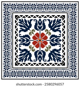 Square seamless Baroque traditional pixel with frame Geometric ethnic pattern.Indian, European ornament style.Vector for background, tile, textile, mosaic, ceramic, patchwork, cross-stitch, embroidery