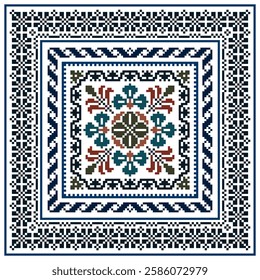 Square seamless Baroque traditional pixel Geometric ethnic pattern design. Detailed Vector for pillowcase, rugs, carpet tile, embroidery, wallpaper, print, textile, mosaic, ceramic, patchwork.