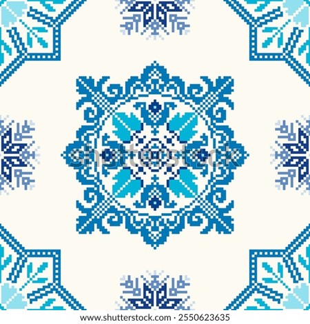 Square seamless Baroque traditional pixel Geometric ethnic pattern.Ukrainian, Romanian, Vyshyvanka, Slavic ornament style.Vector for tile, textile, mosaic, ceramic, patchwork, cross-stitch, embroidery