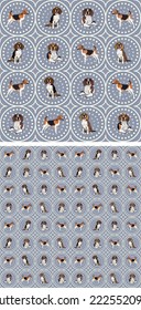 Square Seamless Beagle dog pattern, holiday texture. Packaging, textile, decoration, wrapping paper. Trendy hand-drawn funny breed wallpaper.Light blue ornamental tile, repeatable circles with dogs.