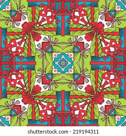 Square seamless Christmas pattern. Festive ornament of gifts, ribbons and bows.