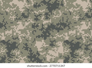 Square seamless digital camouflage pattern with pixel texture in neutral green, beige and gray tones. Military inspired abstract background suitable for fabric, wrapping, web design, packaging and modern graphic projects.