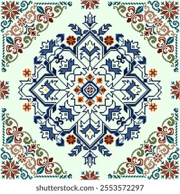 Square seamless Floral traditional pixel with frame Geometric ethnic pattern. Ukrainian, Romanian, Vyshyvanka, Slavic style. Vector for tile, textile, mosaic, ceramic, patchwork, background, backdrop.