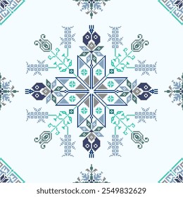 Quadratische nahtlose Floral traditionellen rumänischen Pixel Geometrische ethnische Muster.Ukrainisch, Vyshyvanka, slawischen Ornament Stil. Vektor für Fliesen, Textil, Mosaik, Keramik, Patchwork, Kreuzstich, Stickerei