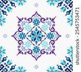 Square seamless Floral traditional Ukrainian pixel Geometric ethnic pattern. Romanian, Vyshyvanka, Slavic ornament style. Vector for tile, textile, mosaic, ceramic, patchwork, cross-stitch, embroidery