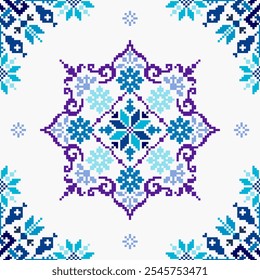 Square seamless Floral traditional Ukrainian pixel Geometric ethnic pattern. Romanian, Vyshyvanka, Slavic ornament style. Vector for tile, textile, mosaic, ceramic, patchwork, cross-stitch, embroidery