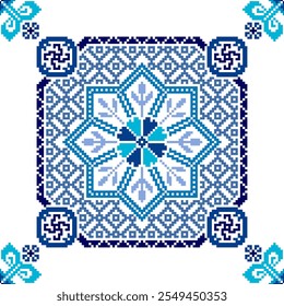 Square seamless Floral traditional Ukrainian pixel Geometric ethnic pattern. Romanian, Vyshyvanka, Slavic ornament style. Vector for tile, textile, mosaic, ceramic, patchwork, cross-stitch, embroidery