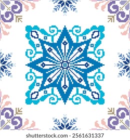 Square seamless Floral traditional Ukrainian pixel Geometric ethnic pattern. Romanian, Vyshyvanka, Slavic ornament style. Vector for tile, textile, mosaic, ceramic, patchwork, cross-stitch, embroidery