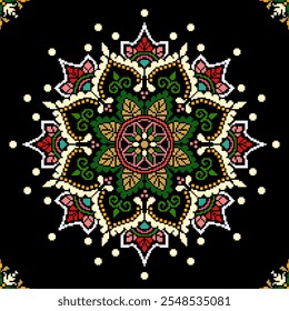 Vetor de Mandala de flor sem costura quadrada como pixel Estilo de ornamento de padrão étnico geométrico. Plano de fundo em preto. Ilustração vetorial para azulejos, têxteis, mosaico, cerâmica, patchwork, ponto de cruz, bordados
