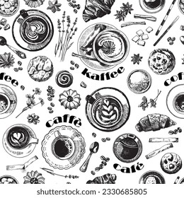 Square seamless hand-drawn pattern about coffee and snacks, such as cookies and croissants. Сoffee drinks in cups, top view. The artwork is complemented by images of flowers and spices