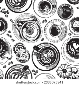 Square seamless hand-drawn pattern about coffee and snacks, such as cookies and croissants. Сoffee drinks in cups, top view. The artwork is complemented by images of flowers and spices