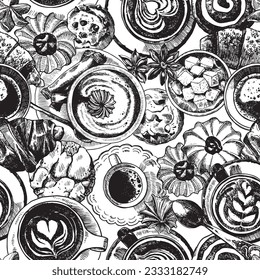 Square seamless hand-drawn pattern about coffee and snacks, such as cookies and croissants. Сoffee drinks in cups, top view. The artwork is complemented by images of flowers and spices