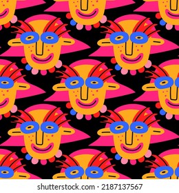 square seamless pattern - 1970s psychedelic with quirky dudes. Portraits of non-binary funny people. Funny funky and groovy people - ornament and background