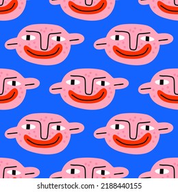 square seamless pattern - 1970s psychedelic with quirky dudes. Portraits of non-binary funny people. Funny funky and groovy people - ornament and background