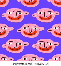 square seamless pattern - 1970s psychedelic with quirky dudes. Portraits of non-binary funny people. Funny funky and groovy people - ornament and background