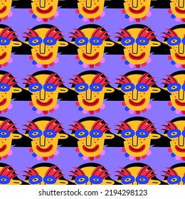 square seamless pattern - 1970s psychedelic with quirky dudes. Portraits of non-binary funny people. Funny funky and groovy people - ornament and background