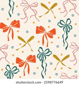 Square seamless Pattern, background with Various colorful Bow knots, tie ups, gift bows. Hand drawn trendy Vector illustration. Wedding celebration, holiday, party decoration, gift, present concept. 