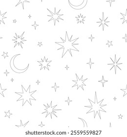 Square seamless pattern black stars and moons outline on white background