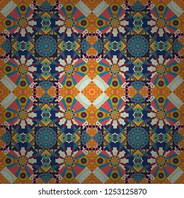 Square seamless pattern composition in beige, orange and blue colors for kerchief with floral motif. Vector illustration.