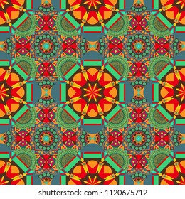 Square seamless pattern composition in blue, yellow and pink colors for kerchief with floral motif.
