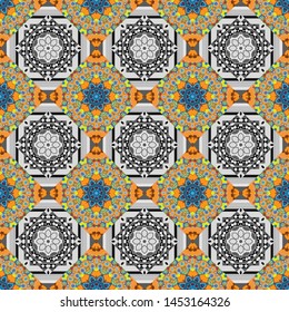 Square seamless pattern composition in blue, gray and orange colors for kerchief with floral motif. Vector illustration.