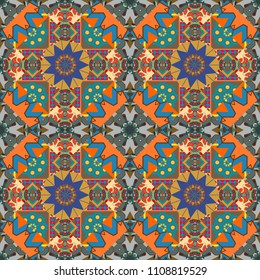 Square seamless pattern composition in brown, blue and orange colors for kerchief with floral motif. Vector illustration.