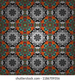 Square seamless pattern composition in brown, gray and blue colors for kerchief with floral motif. Vector illustration.